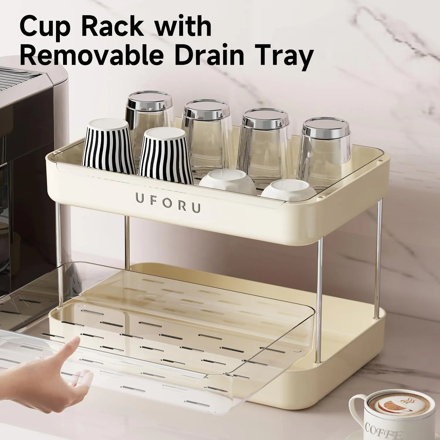 Countertop Coffee Station Organizer, 3 Tier Wine Glass Holder, Mug Shelf with Removable Drain Tray, Spice Rack for Kitchen, Bathroom Countertop Organizer, Cream White
