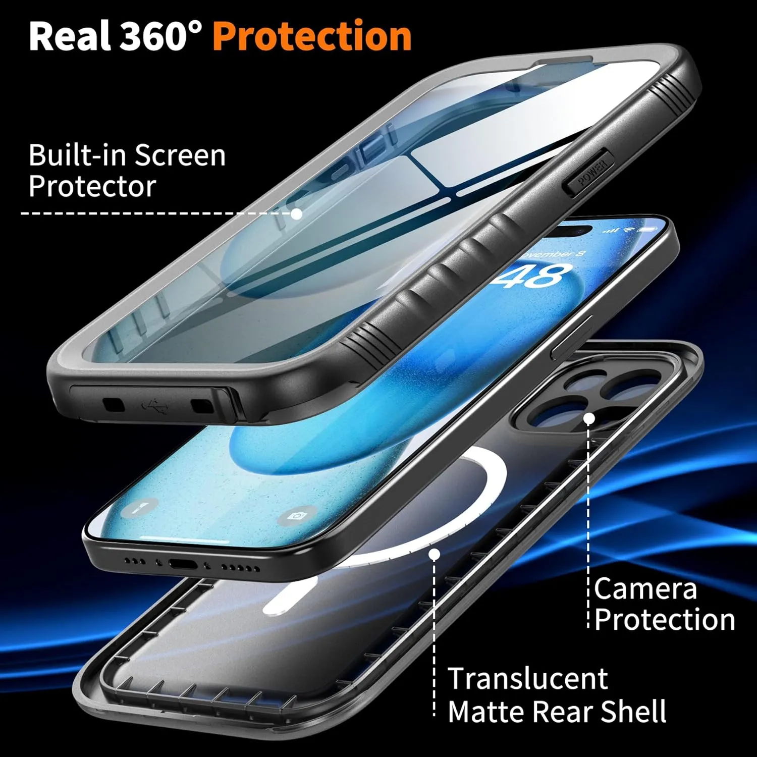 Cozycase for iPhone 14 Waterproof Shockproof Dustproof Case [Compatible with MagSafe] - Heavy Duty/360 Full Body/Military Grade/Rugged Built in Screen/Camera Protector with Lanyard Black