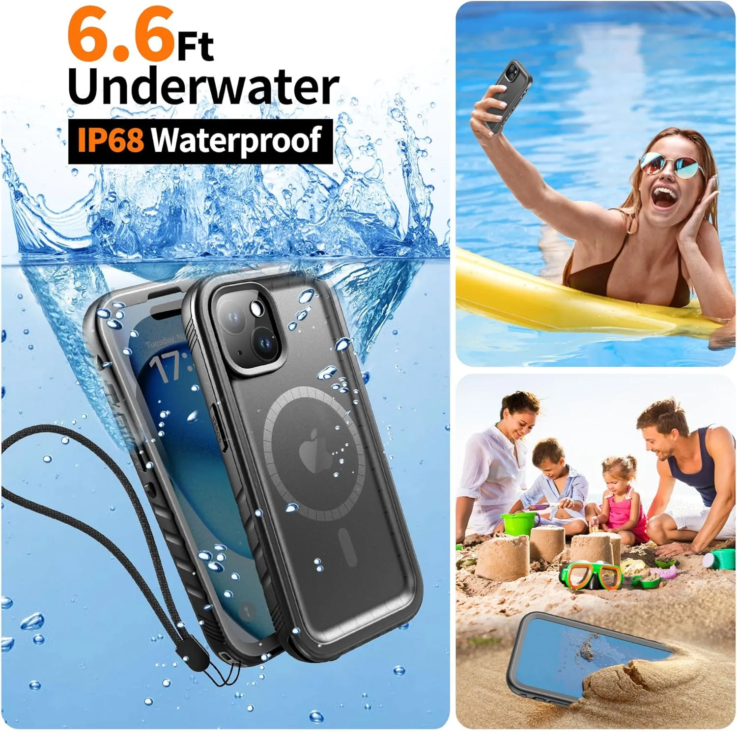 Cozycase for iPhone 14 Waterproof Shockproof Dustproof Case [Compatible with MagSafe] - Heavy Duty/360 Full Body/Military Grade/Rugged Built in Screen/Camera Protector with Lanyard Black