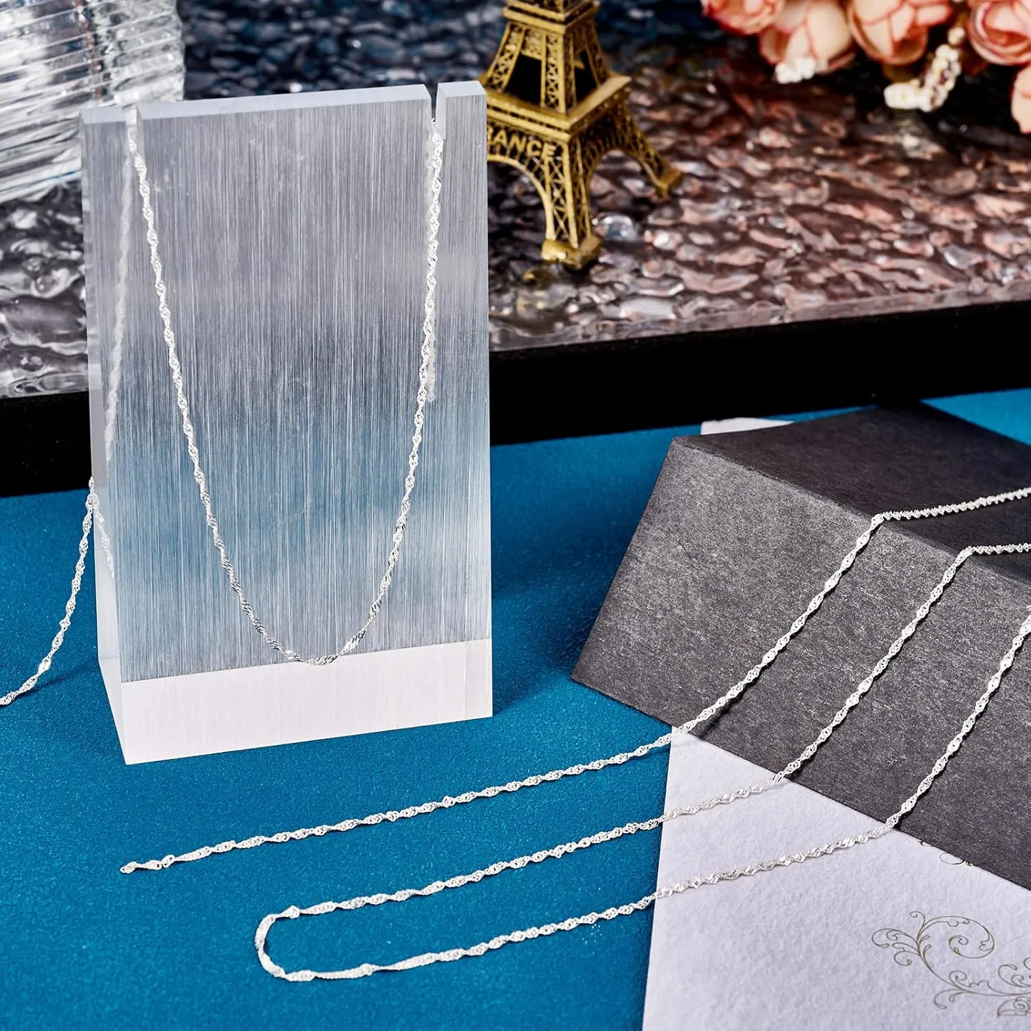 Craftdady 1M 925 Sterling Silver Singapore Chains 1 mm Wide Necklace Link Chains Permanent Jewelry Chain with Polishing Clothe & Velvet Bags for Men Women Jewelry Chain DIY Making