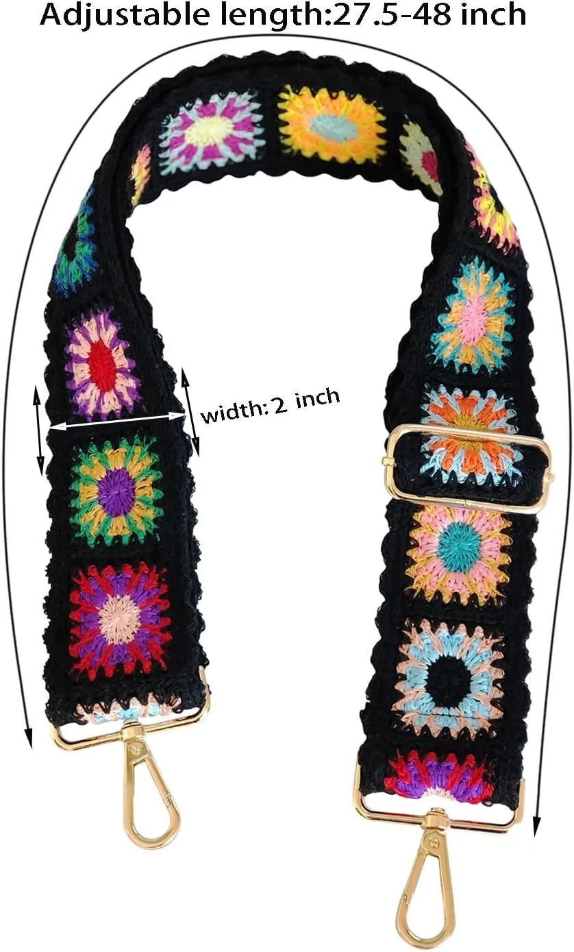 Crochet Flower Purse Straps Replacement Crossbody for Handbags Women Guitar Strap 2 inch Wide Adjustable Bag Strap (Black)