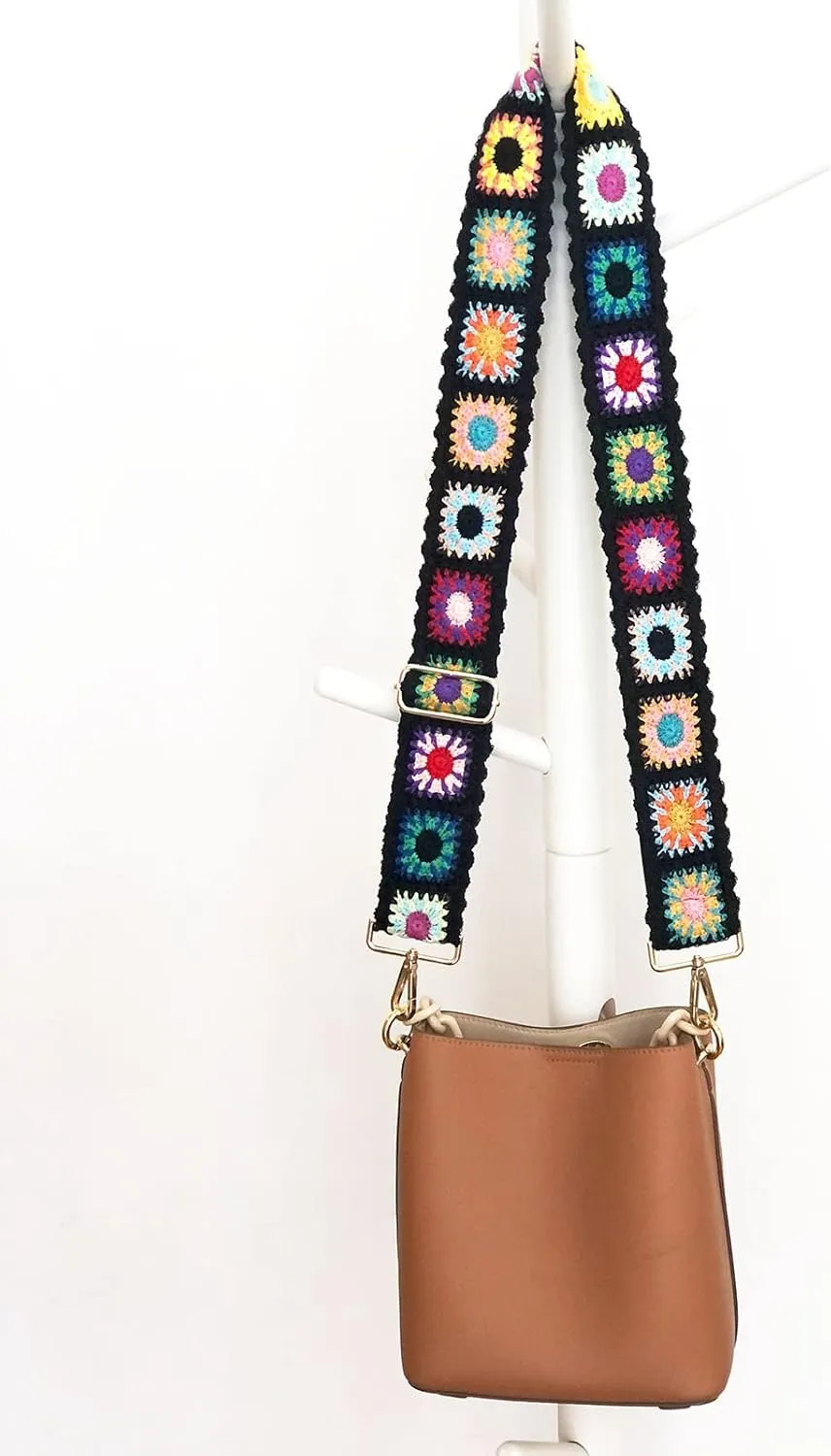 Crochet Flower Purse Straps Replacement Crossbody for Handbags Women Guitar Strap 2 inch Wide Adjustable Bag Strap (Black)