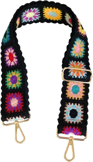 Crochet Flower Purse Straps Replacement Crossbody for Handbags Women Guitar Strap 2 inch Wide Adjustable Bag Strap (Black)