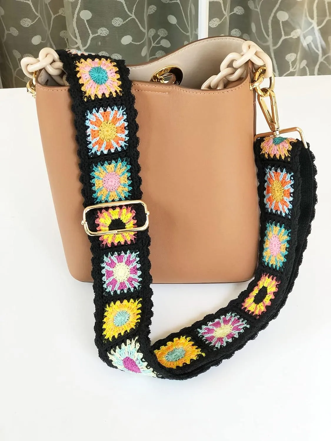 Crochet Flower Purse Straps Replacement Crossbody for Handbags Women Guitar Strap 2 inch Wide Adjustable Bag Strap (Black)
