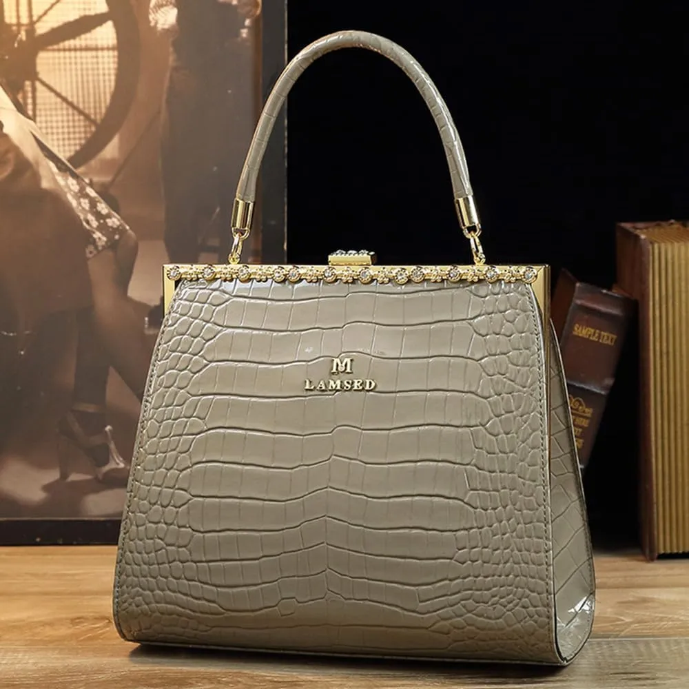 Crocodile Pattern Leather Women's Bag Diamonds Clip Top Handle Satchel Crossbody Handbags Evening Bag Purses Shoulder Bags