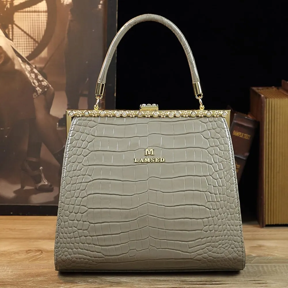 Crocodile Pattern Leather Women's Bag Diamonds Clip Top Handle Satchel Crossbody Handbags Evening Bag Purses Shoulder Bags