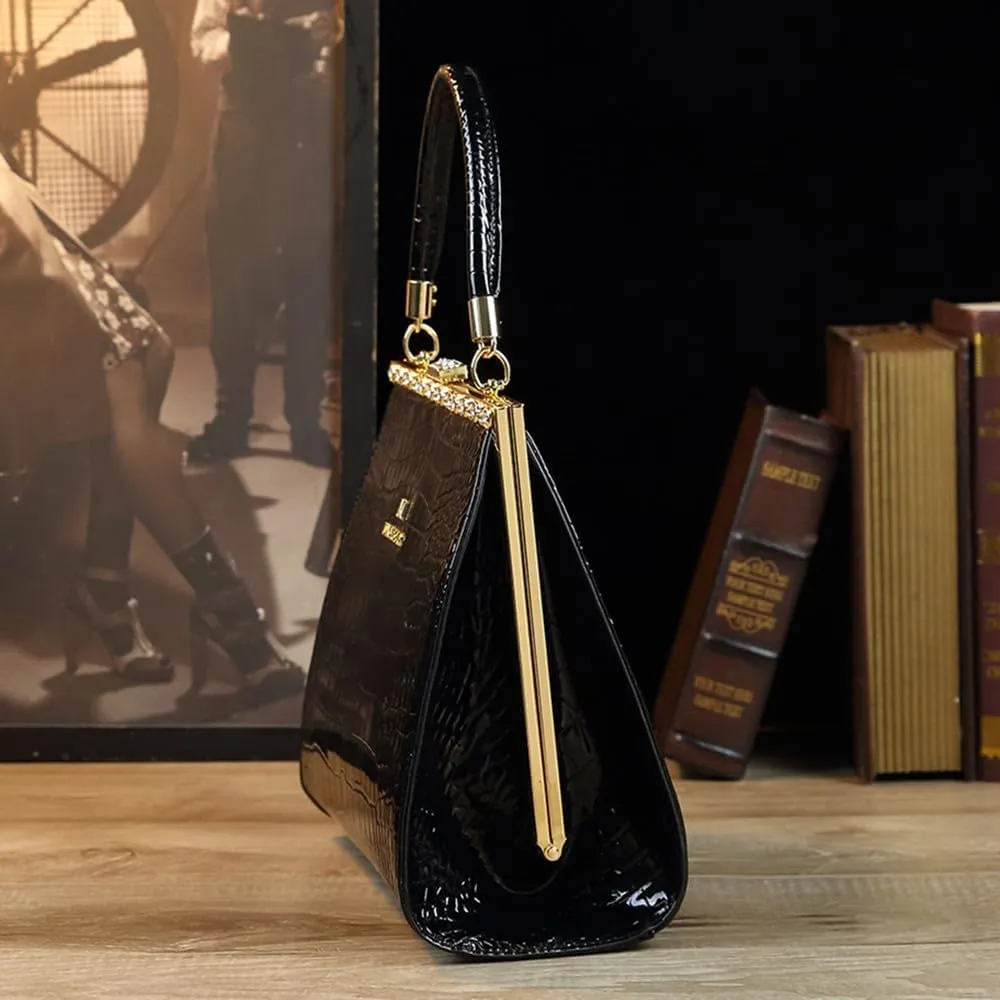 Crocodile Pattern Leather Women's Bag Diamonds Clip Top Handle Satchel Crossbody Handbags Evening Bag Purses Shoulder Bags