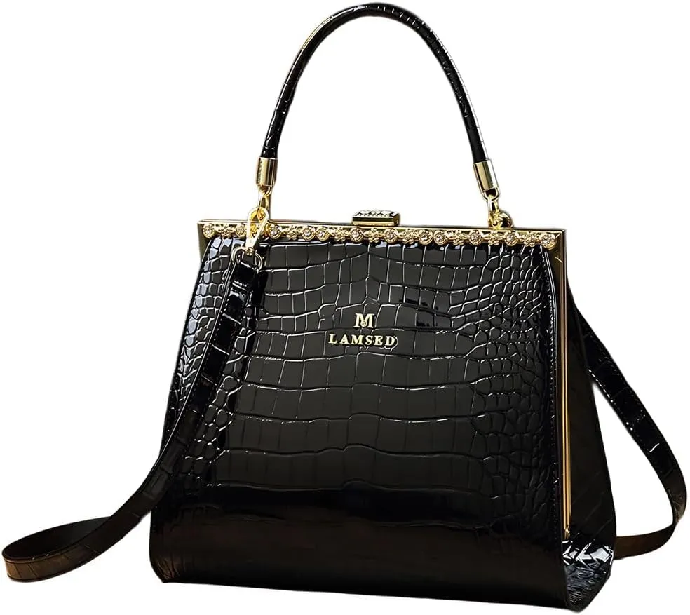 Crocodile Pattern Leather Women's Bag Diamonds Clip Top Handle Satchel Crossbody Handbags Evening Bag Purses Shoulder Bags