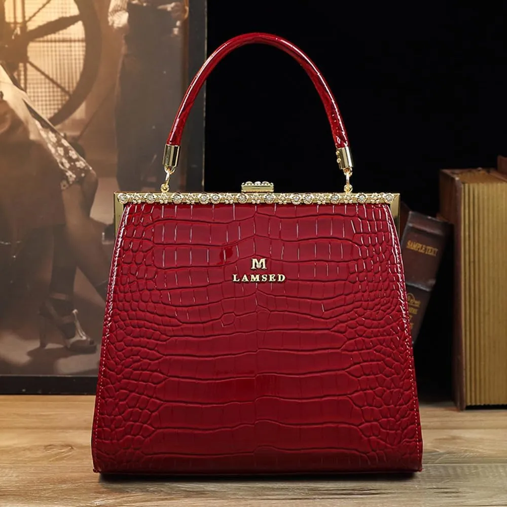 Crocodile Pattern Leather Women's Bag Diamonds Clip Top Handle Satchel Crossbody Handbags Evening Bag Purses Shoulder Bags