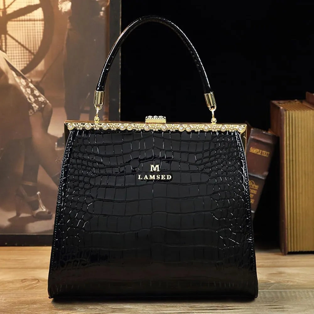 Crocodile Pattern Leather Women's Bag Diamonds Clip Top Handle Satchel Crossbody Handbags Evening Bag Purses Shoulder Bags
