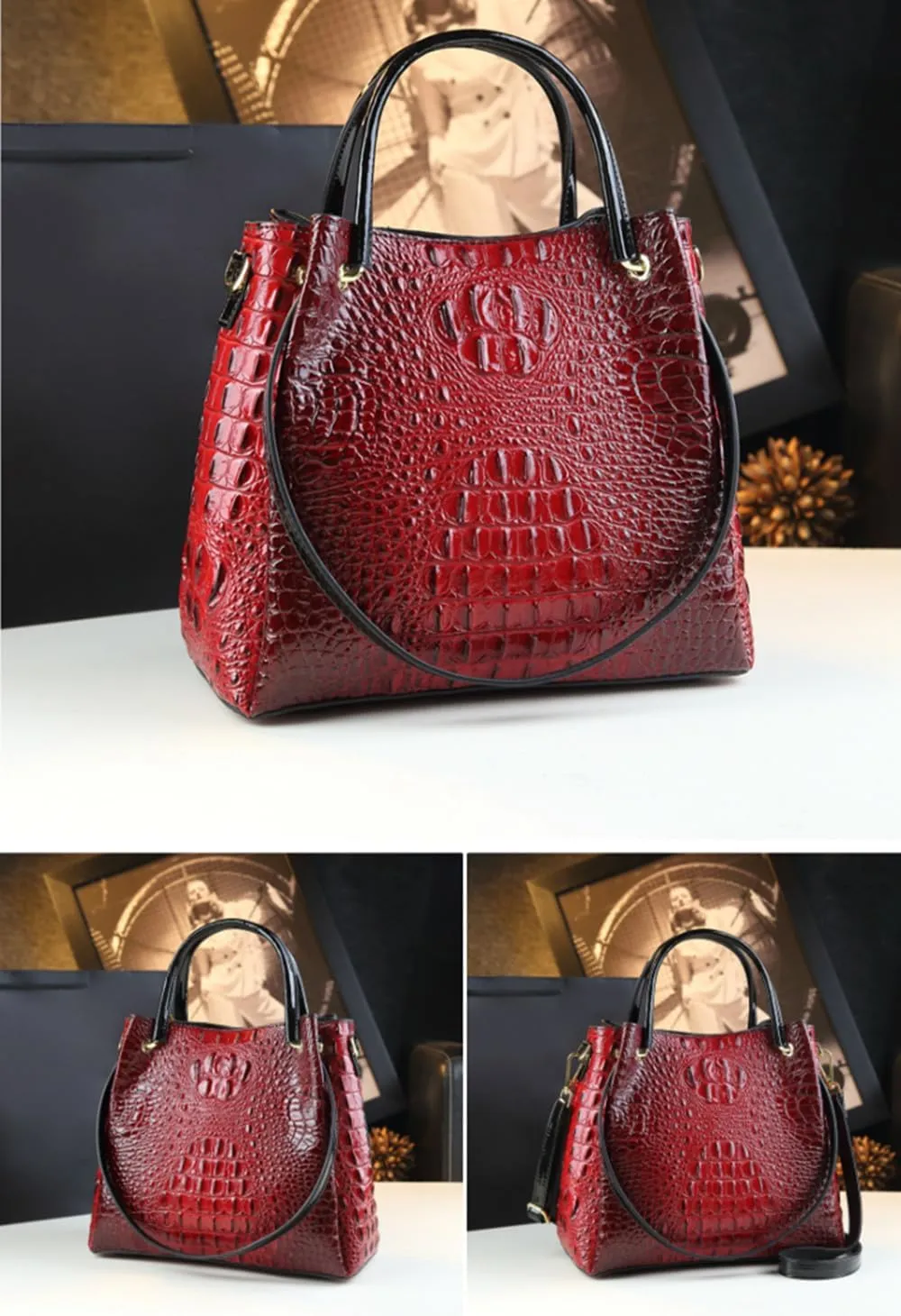 Crocodile Pattern Leather Women's Bag Top-Handle Satchel Handbags Bucket Purse Portable Tote Bag Shoulder Messenger Bags