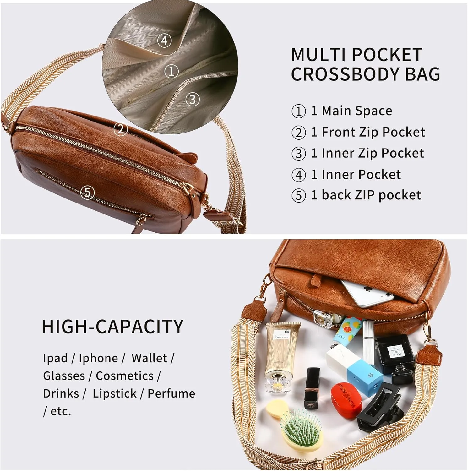 Crossbody Bags for Women, Fashion Large Size Vegan Leather Purse Shoulder Handbag with Adjustable Wide Strap