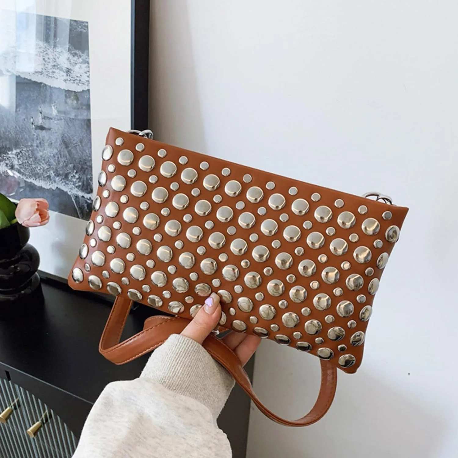 Crossbody Purse for Women,Soft Pu Leather Crossbody Bag Women's Shoulder Handbags Clutches with Rivets Studded Designs