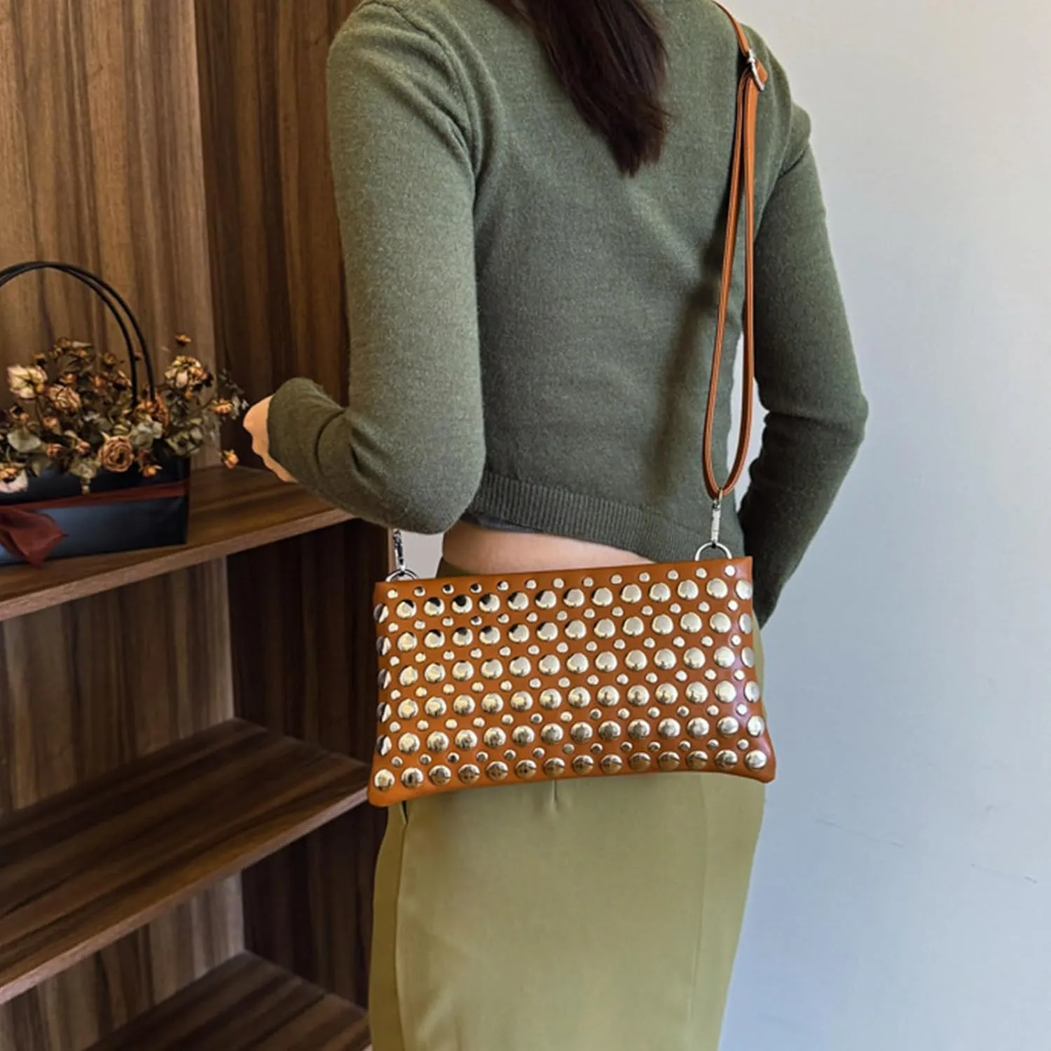 Crossbody Purse for Women,Soft Pu Leather Crossbody Bag Women's Shoulder Handbags Clutches with Rivets Studded Designs