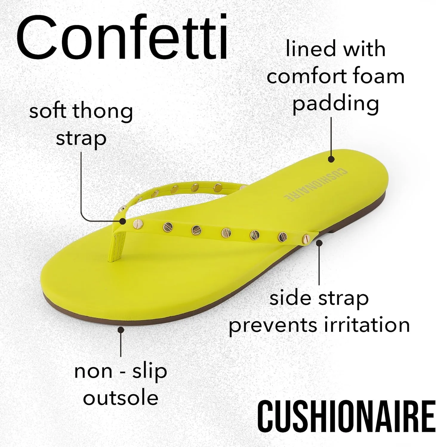 CUSHIONAIRE Confetti Women’s Studded Flip Flop Sandal – Slip-On Thong with Memory Foam & Stylish Rivet Strap