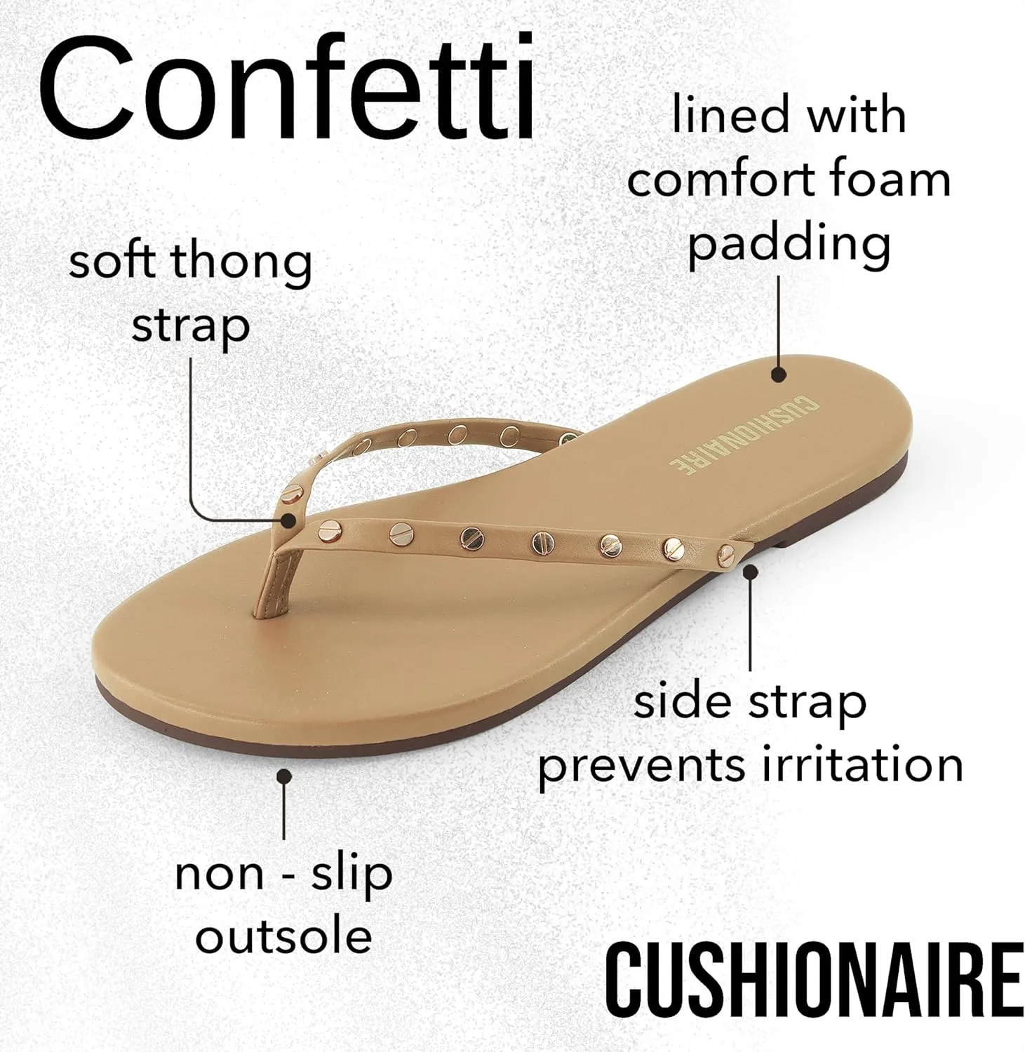 CUSHIONAIRE Confetti Women’s Studded Flip Flop Sandal – Slip-On Thong with Memory Foam & Stylish Rivet Strap