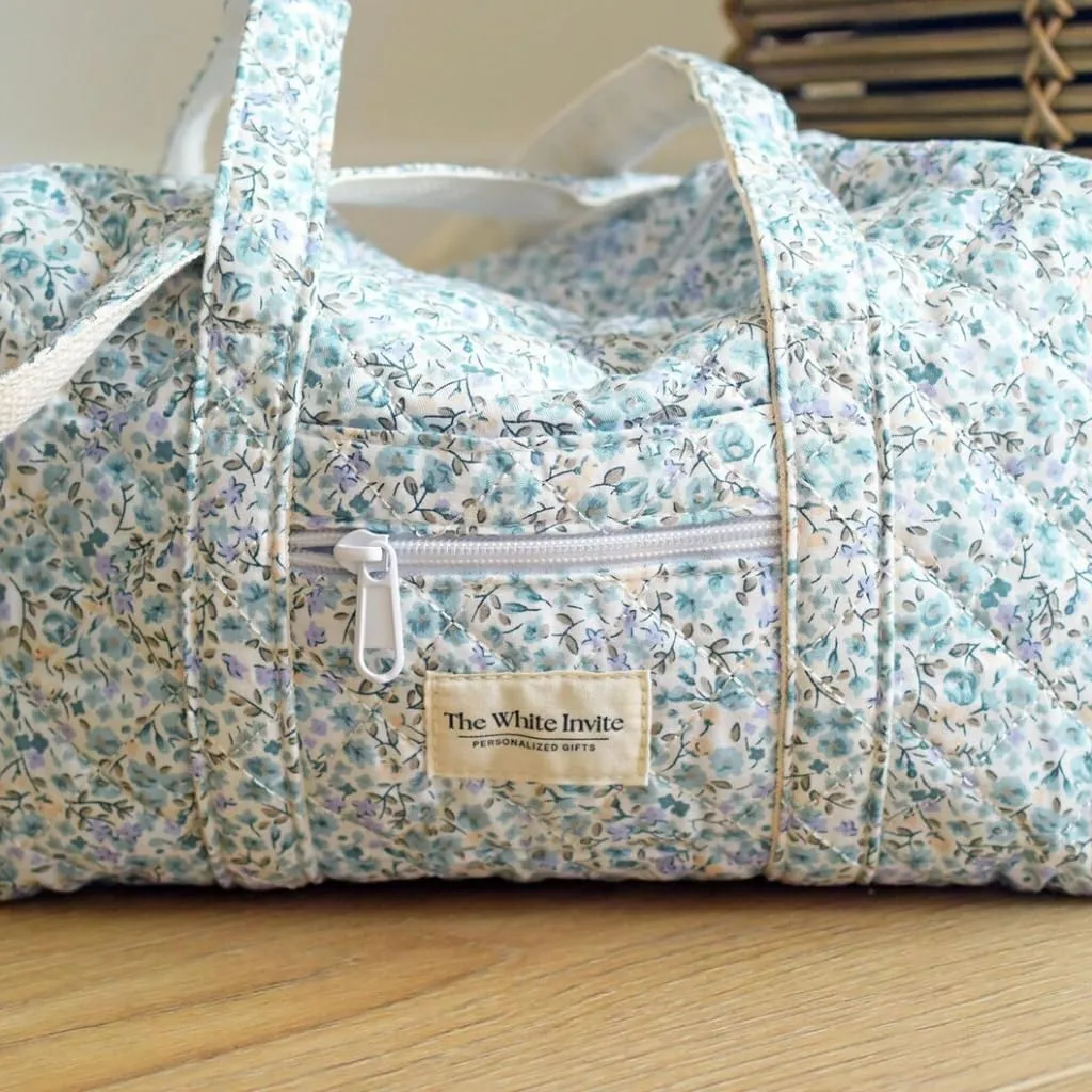 Custom Embroidered Quilted Tote Bag – Monogrammed Small Duffle for Women, Floral Travel Bag with Zipper, Personalized Overnight Bag, Bridesmaid or Gift for Her (Dusty Blue, Non-Personalized)