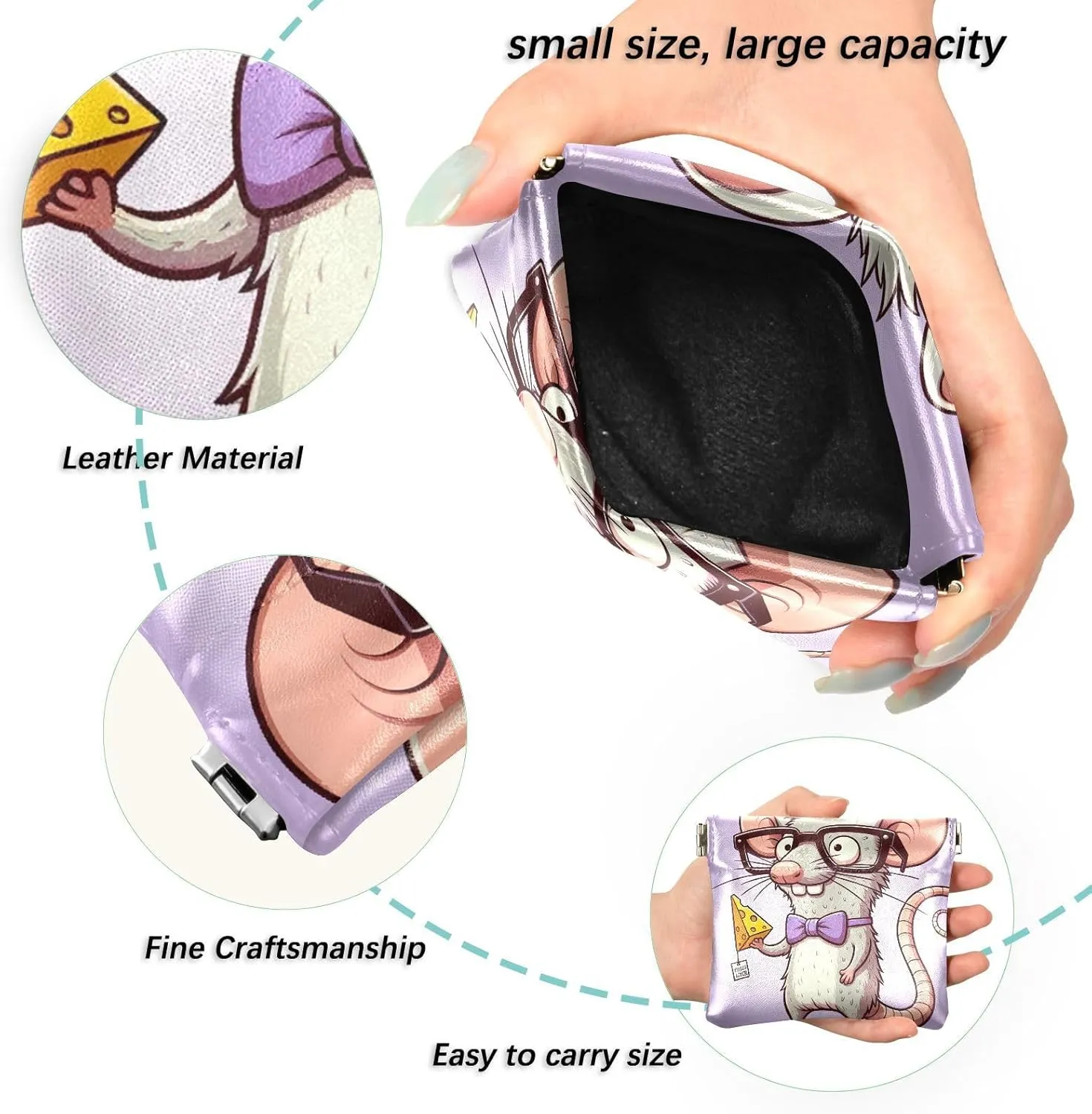 Custom Leather Coin Purse Holder Women Funny Cartoon Rat Squeeze Small Change Purse for Coins