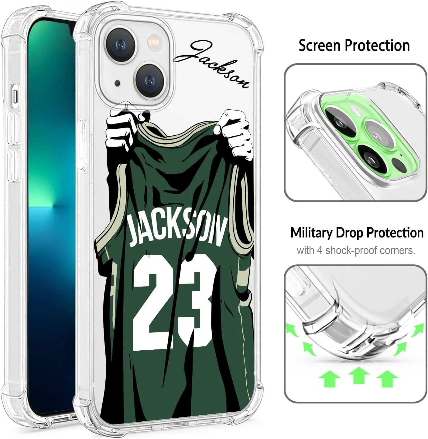Custom Name & Number - Milwaukee Basketball Jersey - Clear Case for iPhone 16 15 Pro Max 14 13 12 11 Xs Max Xr SE3 8 7 6 Plus 11 Pro Mini,with 4 Shockproof Corners Customized Transparent Case