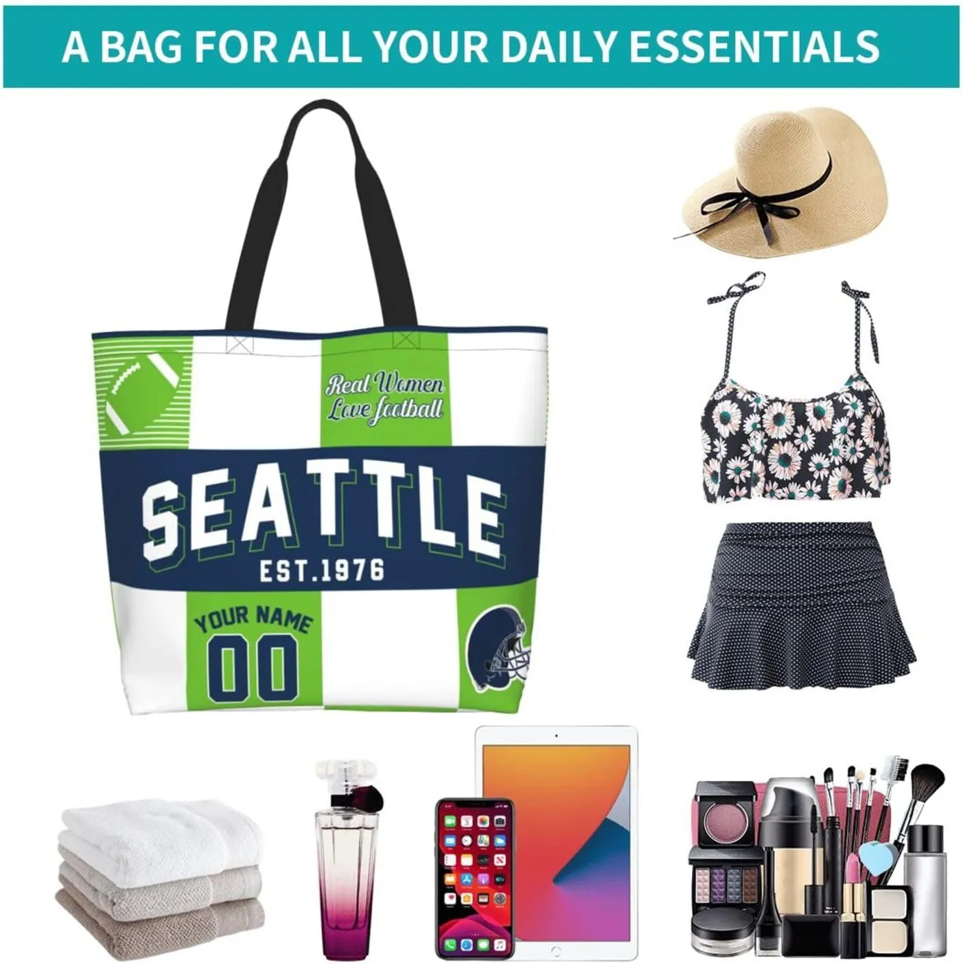 Custom Tote Bags Custom Football Bag Personalized Add Your Name and Number Shoulder Bag Beach Bag For Women Fans Gift