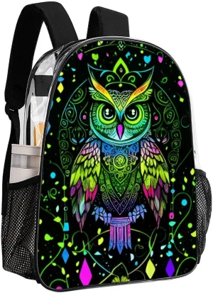 Cute Abstract Owl Psychedelic Art Shoulder Book Bags Transparent Multipurpose Anti-Theft Carry On Bag Large Capacity Travel Hiking & Camping Rucksack