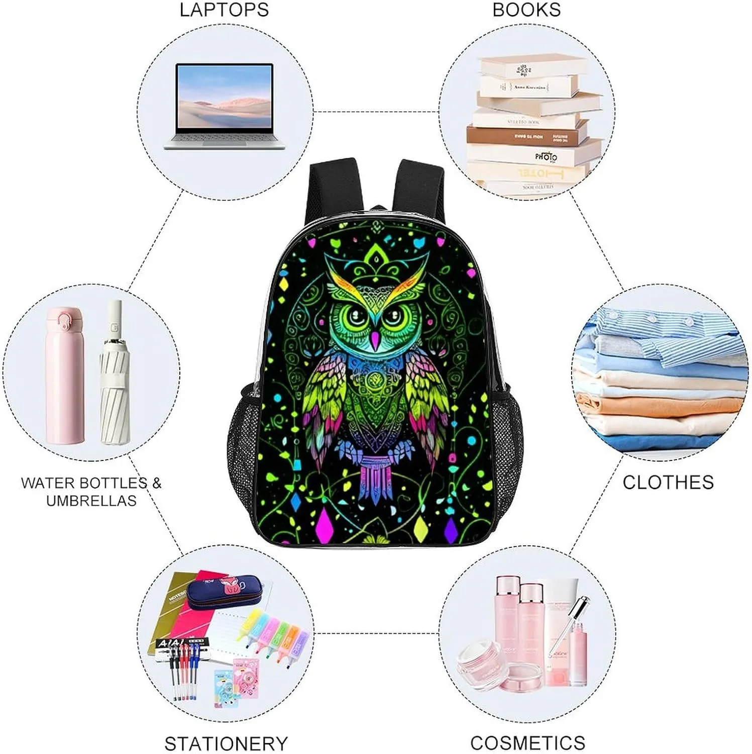 Cute Abstract Owl Psychedelic Art Shoulder Book Bags Transparent Multipurpose Anti-Theft Carry On Bag Large Capacity Travel Hiking & Camping Rucksack
