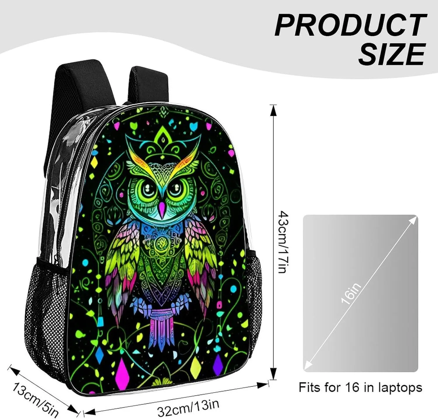 Cute Abstract Owl Psychedelic Art Shoulder Book Bags Transparent Multipurpose Anti-Theft Carry On Bag Large Capacity Travel Hiking & Camping Rucksack