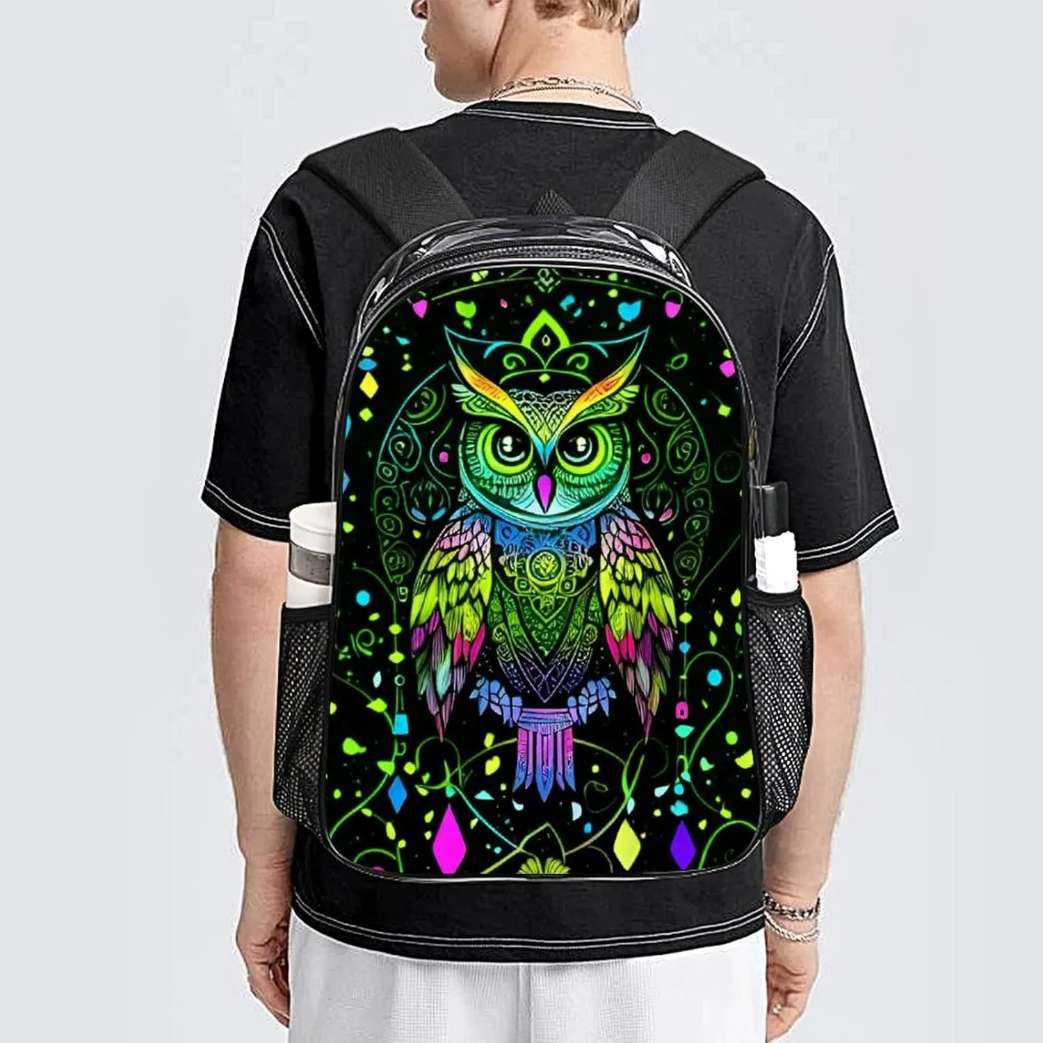 Cute Abstract Owl Psychedelic Art Shoulder Book Bags Transparent Multipurpose Anti-Theft Carry On Bag Large Capacity Travel Hiking & Camping Rucksack