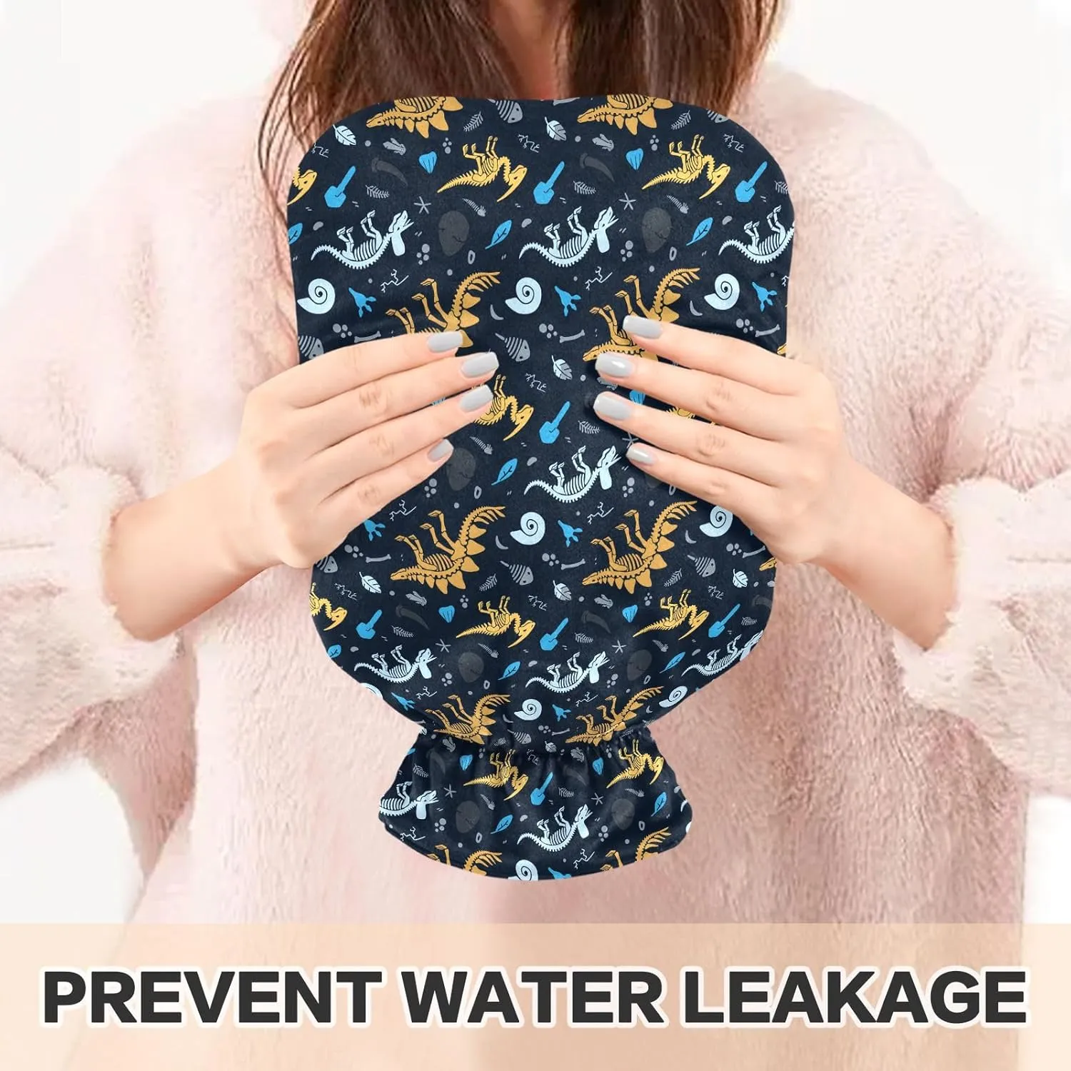 Cute Dinosaur Black Hot Water Bottle with Cover 2L Hot Water Bag Warm Water Bottle for Menstrual Cramps, Neck, Shoulder, Back Pain Relief