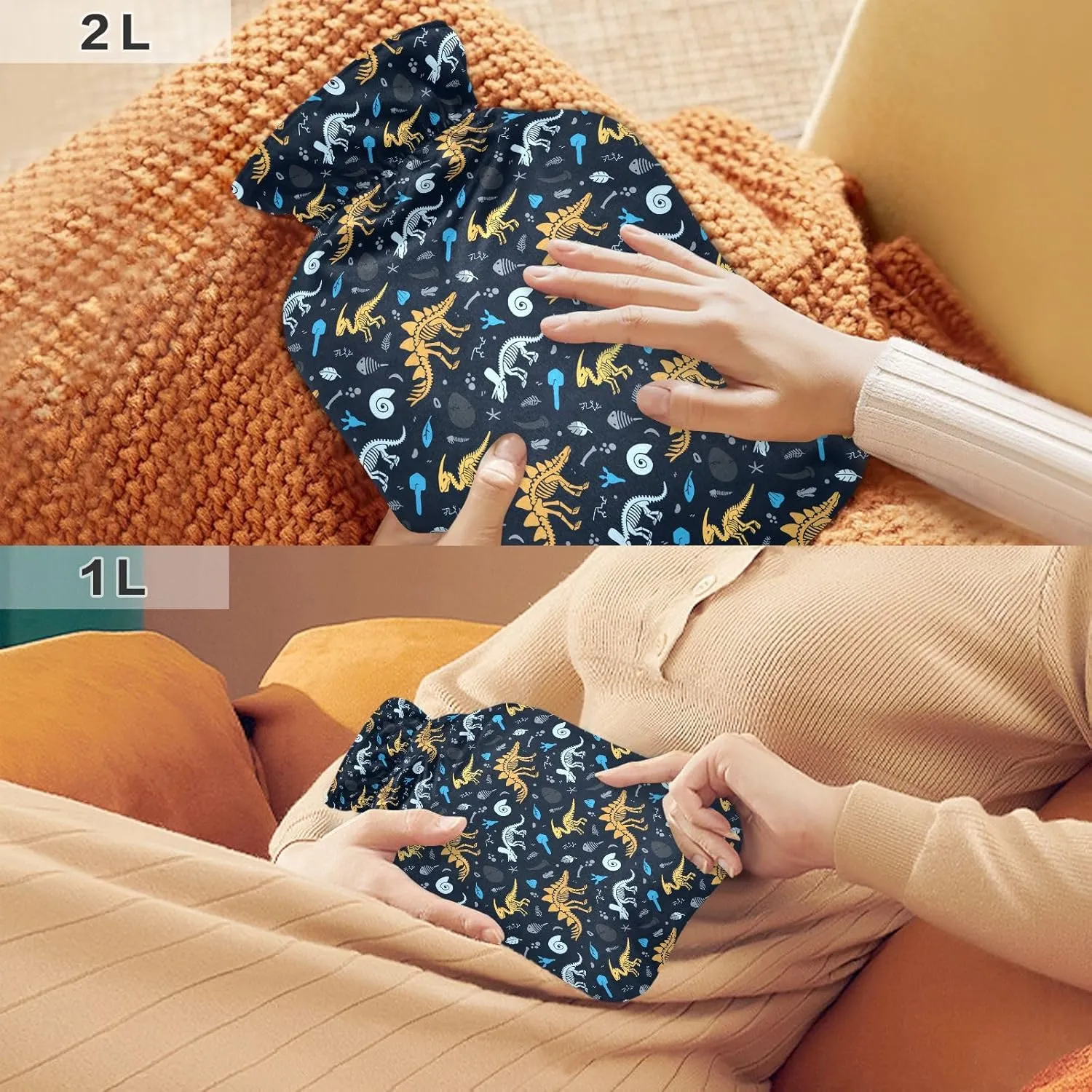Cute Dinosaur Black Hot Water Bottle with Cover 2L Hot Water Bag Warm Water Bottle for Menstrual Cramps, Neck, Shoulder, Back Pain Relief