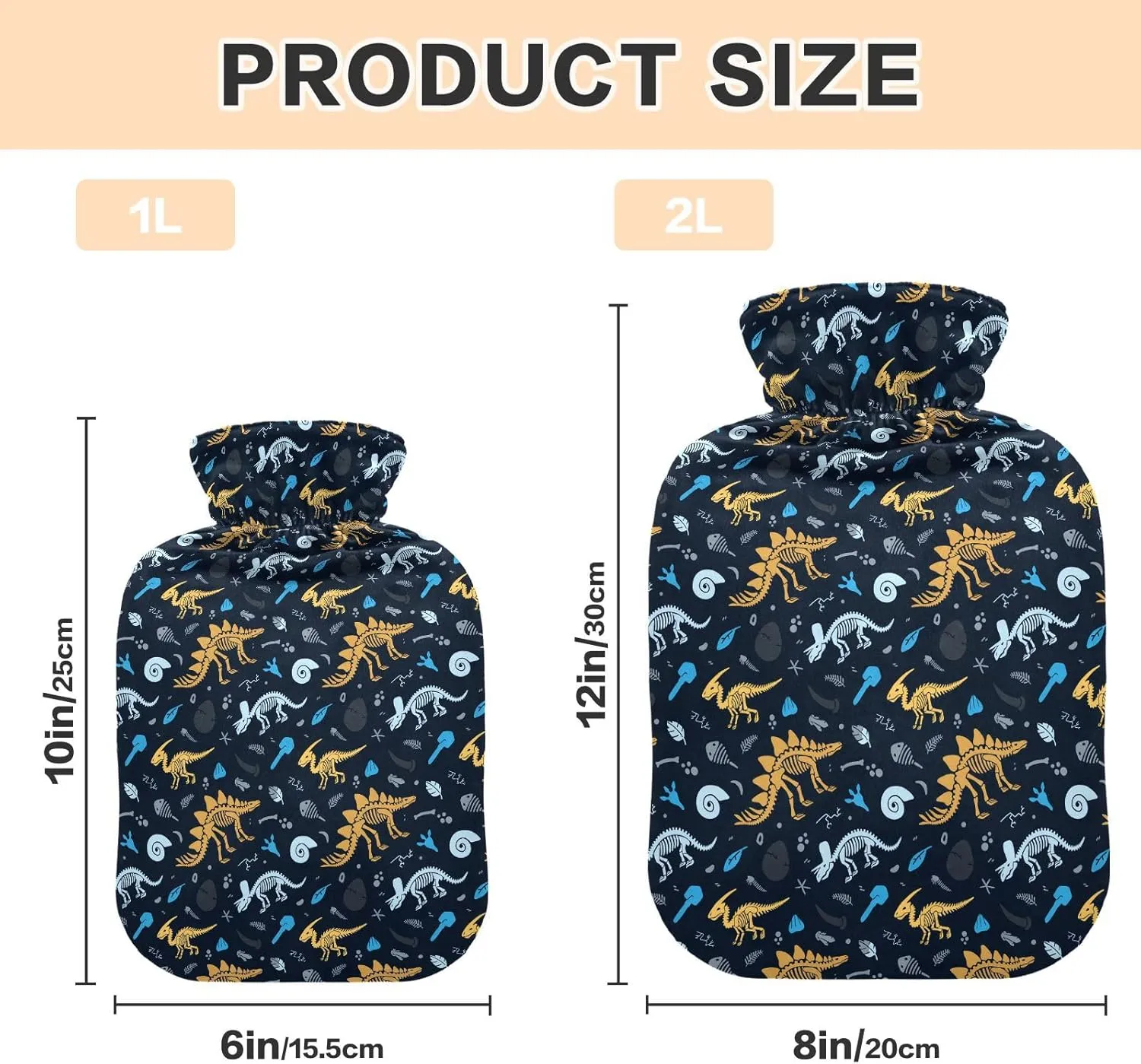 Cute Dinosaur Black Hot Water Bottle with Cover 2L Hot Water Bag Warm Water Bottle for Menstrual Cramps, Neck, Shoulder, Back Pain Relief