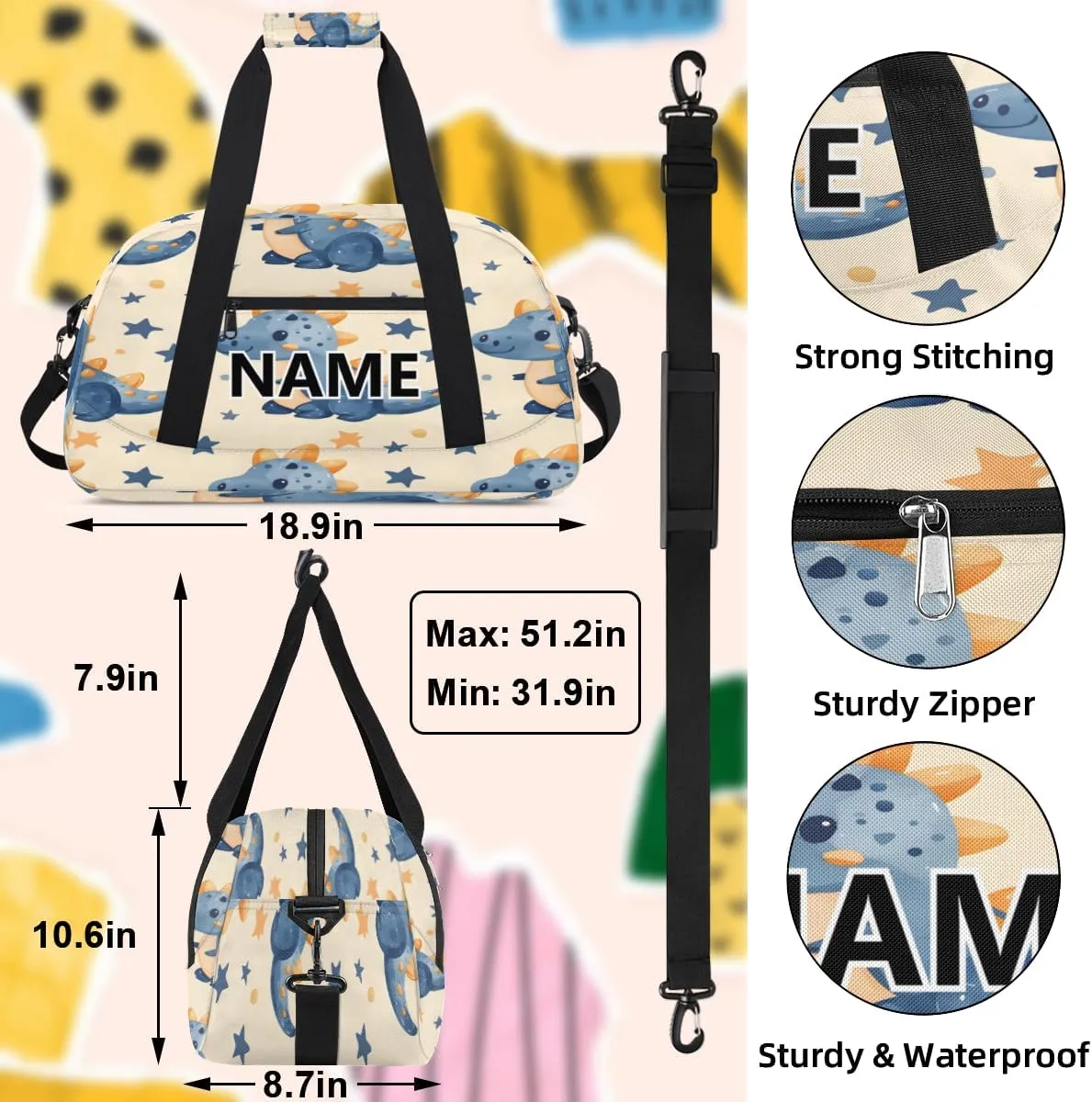 Cute Dinosaur Mini Gym Bag 18 inch for Women Men Waterproof Custom Cartoon Dinosaur Travel Duffel Bag Carry On Overnight Tote Nurse Bag for Work Fitness Hiking