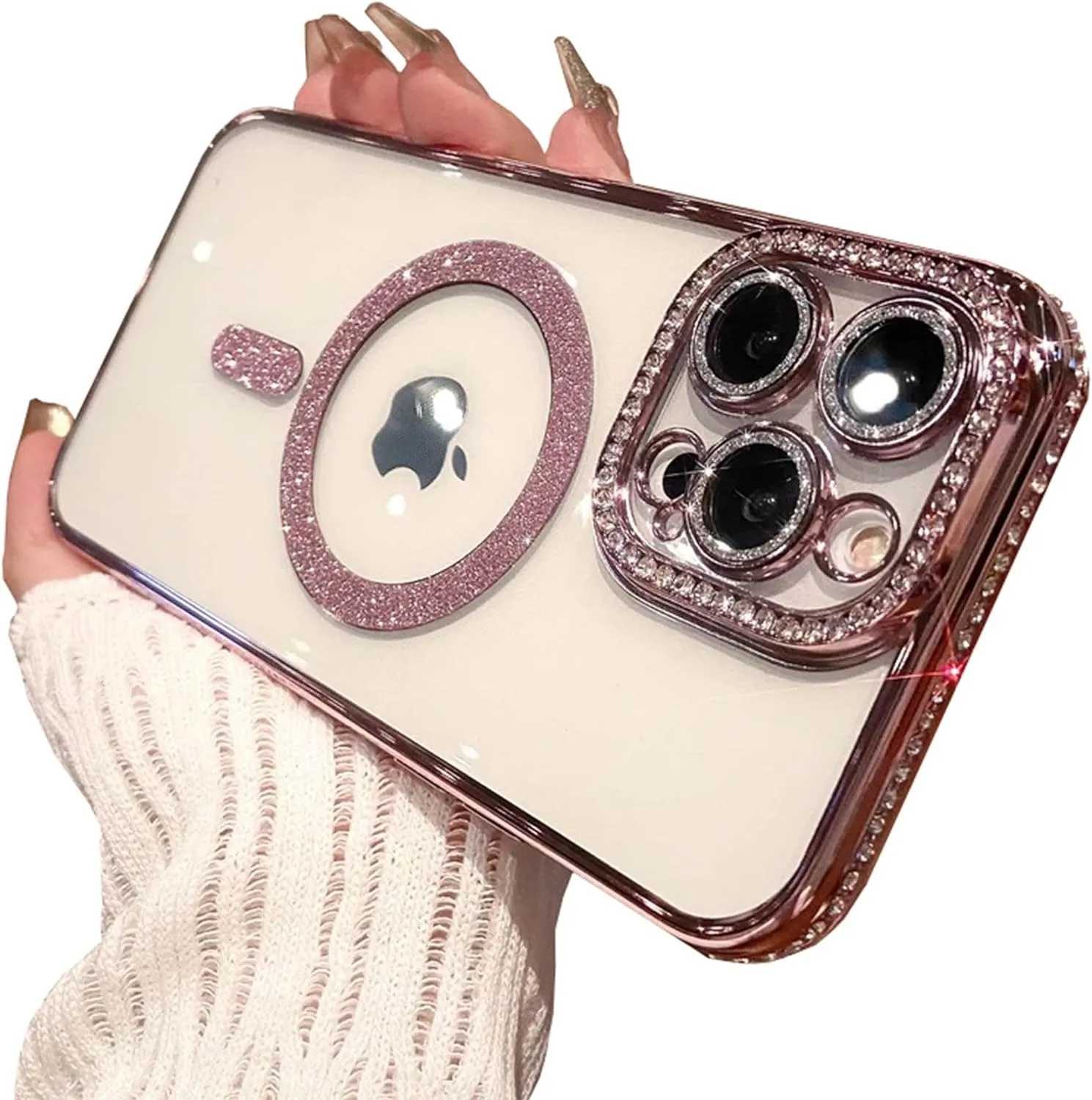 Cute for iPhone 15 Pro Max Magnetic Glitter Case,Luxury Bling Rhinestone Diamond Plated Bumper Case,Compatible with MagSafe, Sparkle Camera Lens Protection Clear Cover for Women Girls(Pink)