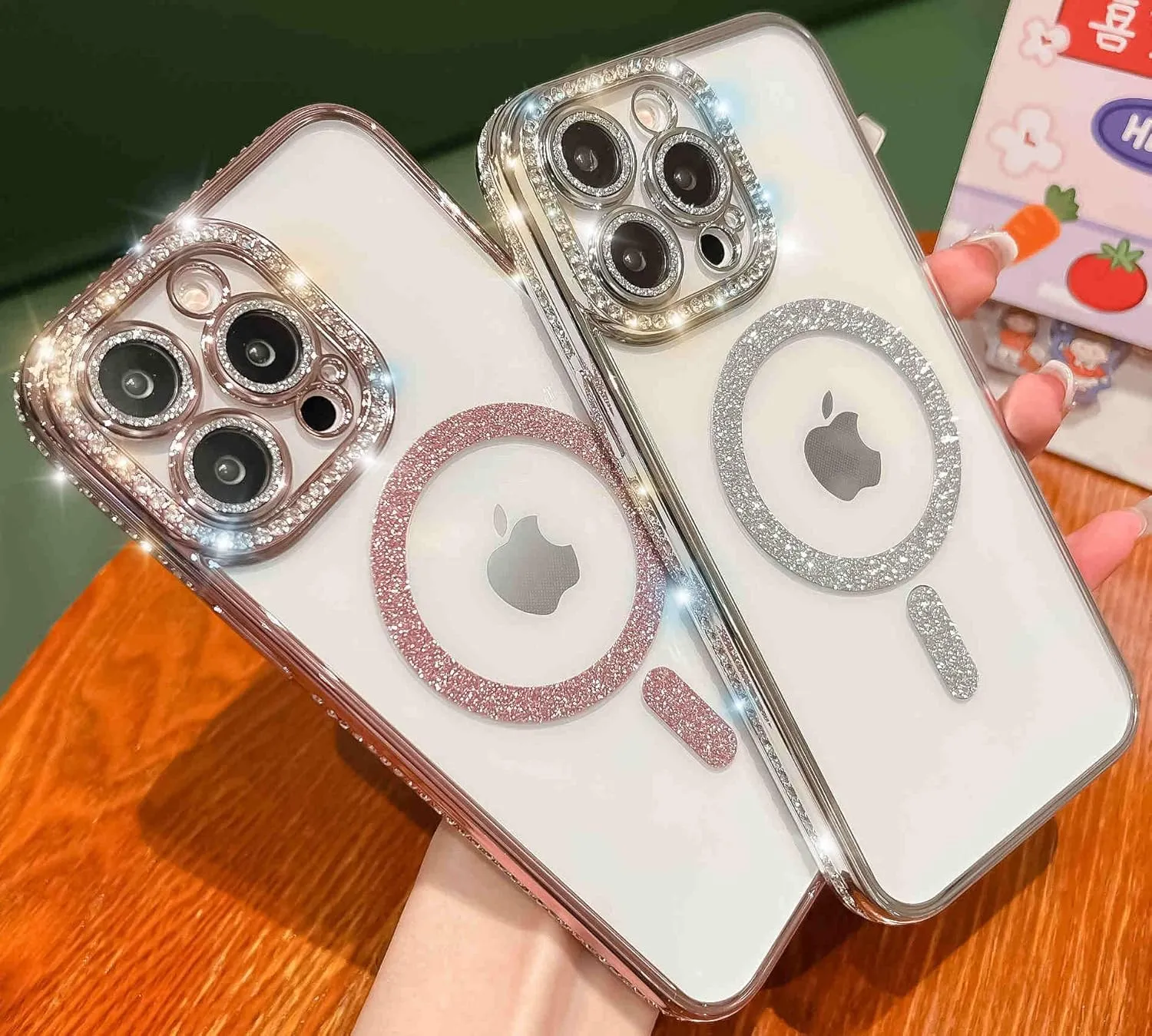 Cute for iPhone 15 Pro Max Magnetic Glitter Case,Luxury Bling Rhinestone Diamond Plated Bumper Case,Compatible with MagSafe, Sparkle Camera Lens Protection Clear Cover for Women Girls(Pink)