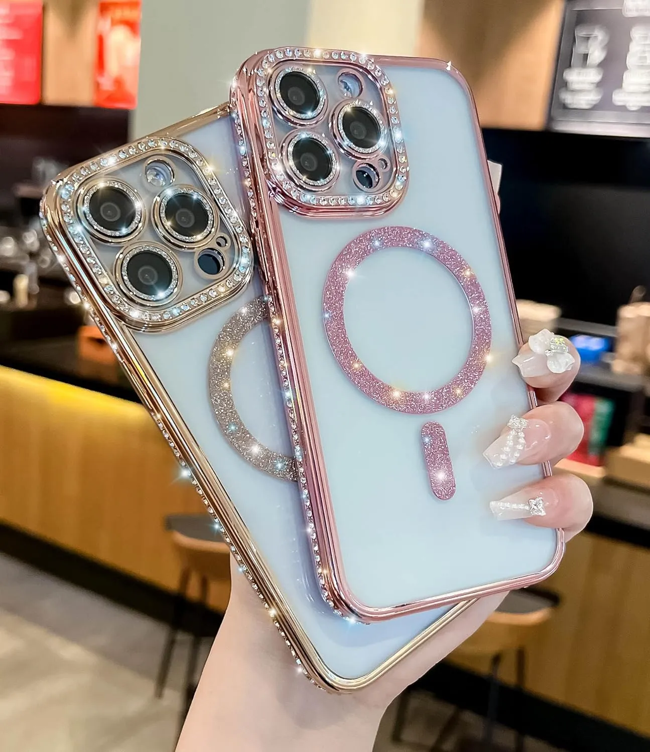 Cute for iPhone 15 Pro Max Magnetic Glitter Case,Luxury Bling Rhinestone Diamond Plated Bumper Case,Compatible with MagSafe, Sparkle Camera Lens Protection Clear Cover for Women Girls(Pink)