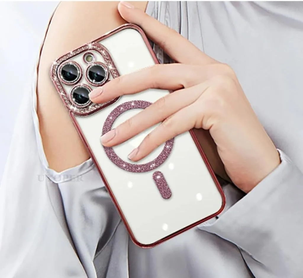 Cute for iPhone 15 Pro Max Magnetic Glitter Case,Luxury Bling Rhinestone Diamond Plated Bumper Case,Compatible with MagSafe, Sparkle Camera Lens Protection Clear Cover for Women Girls(Pink)