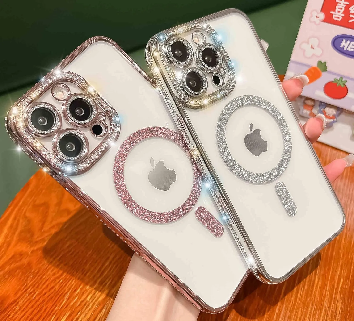 Cute for iPhone 15 Pro Max Magnetic Glitter Case,Luxury Bling Rhinestone Diamond Plated Bumper Case,Compatible with MagSafe, Sparkle Camera Lens Protection Clear Cover for Women Girls(Silver)
