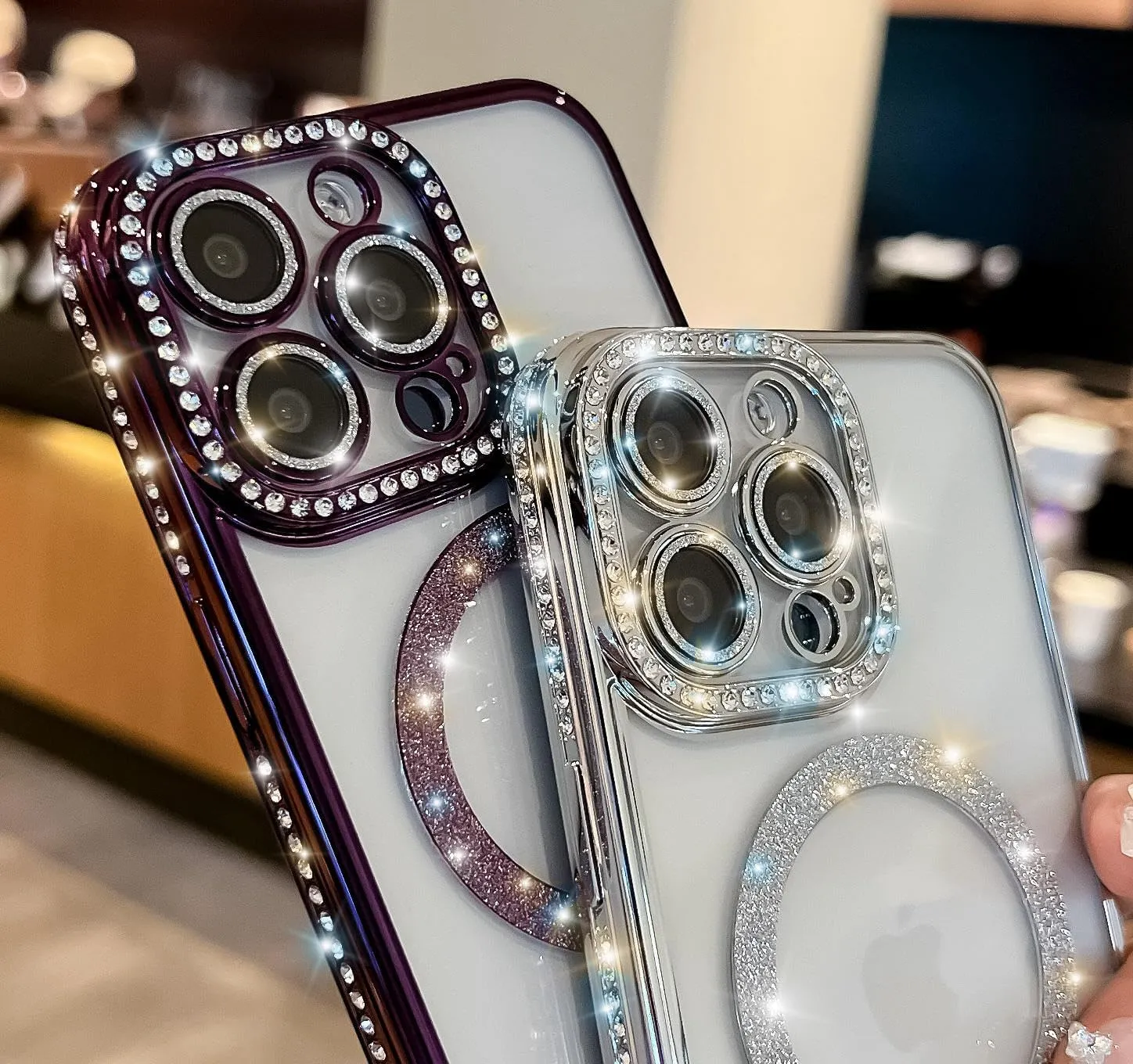 Cute for iPhone 15 Pro Max Magnetic Glitter Case,Luxury Bling Rhinestone Diamond Plated Bumper Case,Compatible with MagSafe, Sparkle Camera Lens Protection Clear Cover for Women Girls(Silver)