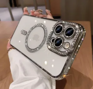 Cute for iPhone 15 Pro Max Magnetic Glitter Case,Luxury Bling Rhinestone Diamond Plated Bumper Case,Compatible with MagSafe, Sparkle Camera Lens Protection Clear Cover for Women Girls(Silver)
