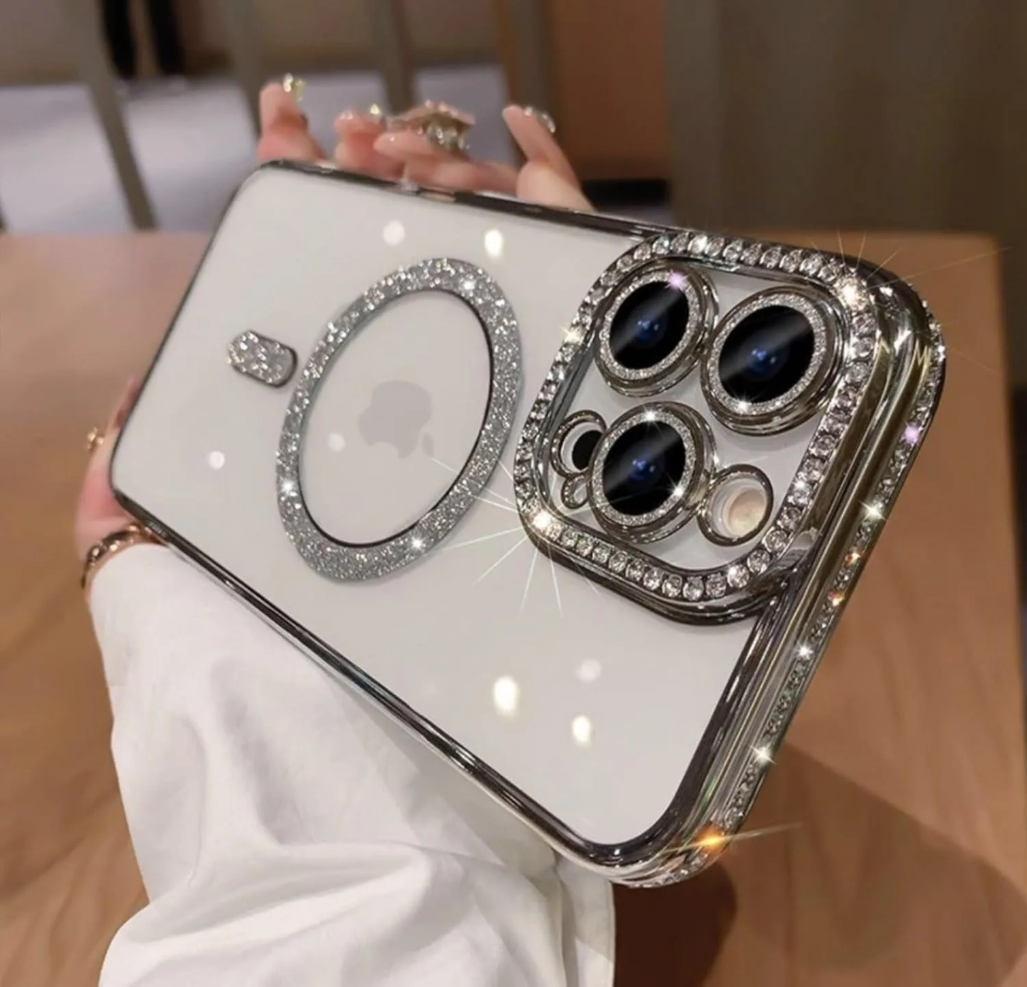 Cute for iPhone 15 Pro Max Magnetic Glitter Case,Luxury Bling Rhinestone Diamond Plated Bumper Case,Compatible with MagSafe, Sparkle Camera Lens Protection Clear Cover for Women Girls(Silver)