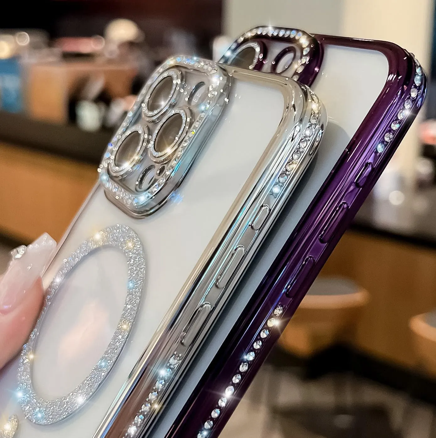 Cute for iPhone 15 Pro Max Magnetic Glitter Case,Luxury Bling Rhinestone Diamond Plated Bumper Case,Compatible with MagSafe, Sparkle Camera Lens Protection Clear Cover for Women Girls(Silver)
