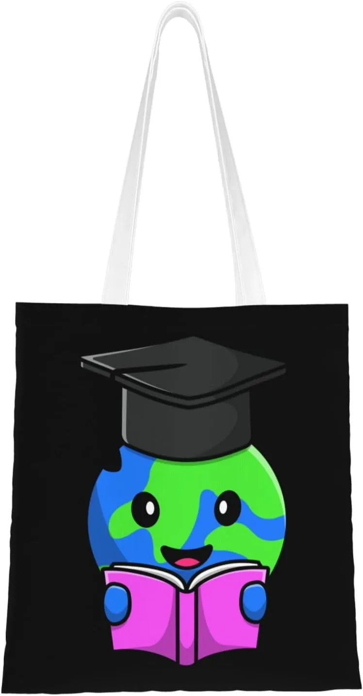 Cute Globe Wearing Graduation Cap Holding Book Tote Bag for Women Canvas Shopping Bags Reusable Large Capacity Casual Shoulder Handbags Grocery Bags DIY Gift Bags