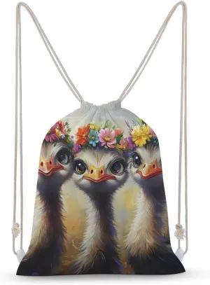 Cute Ostriches And Flower Crow Unisex Backpack Casual Daypacks Canvas Bag for Camping Hiking Travel 35x50cm