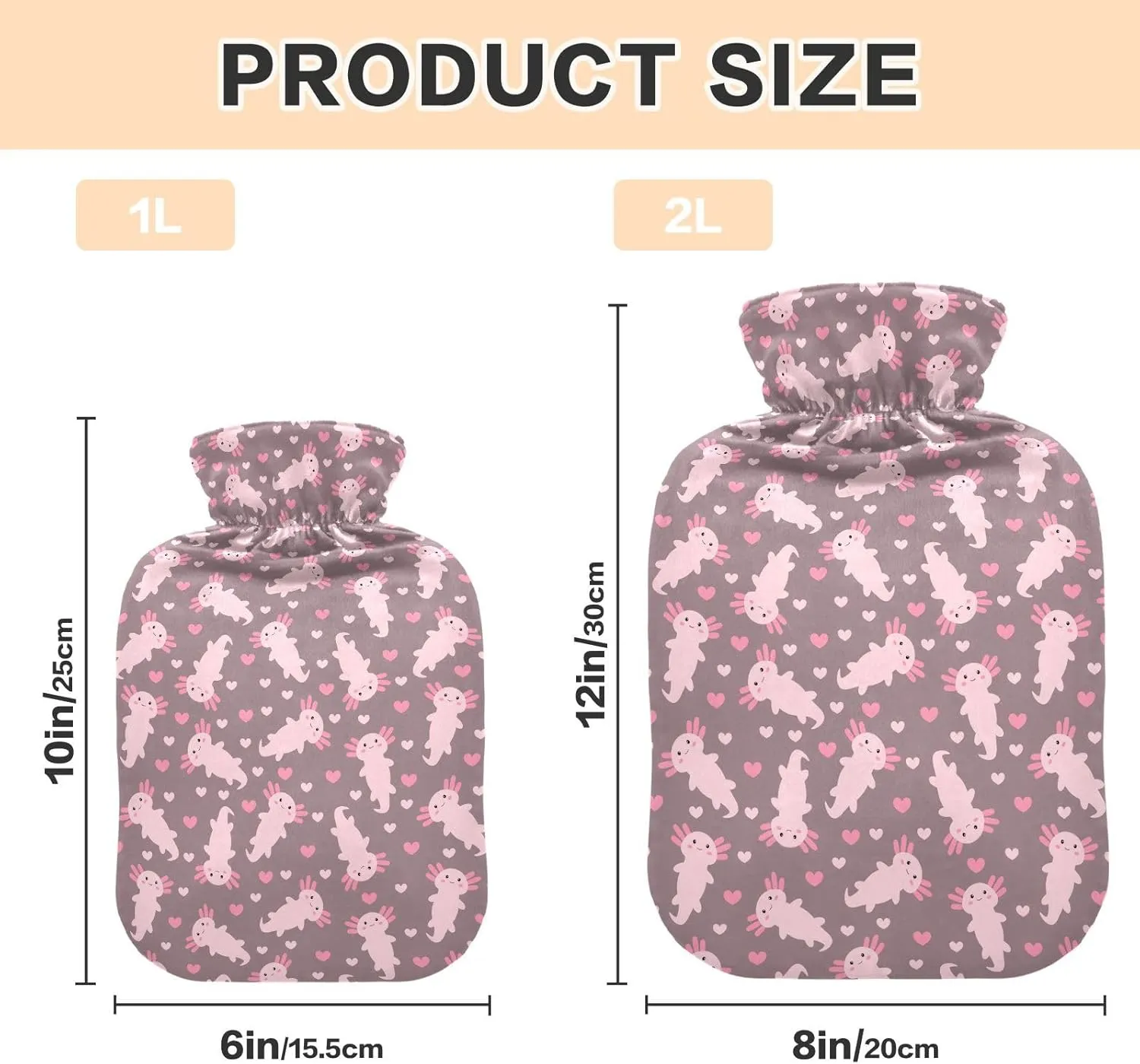 Cute Pink Axolotl Classic Hot Water Bottle with Cover 2L Hot Water Bag Hot Water Pouch for Menstrual Cramps, Neck and Shoulder Pain Relief