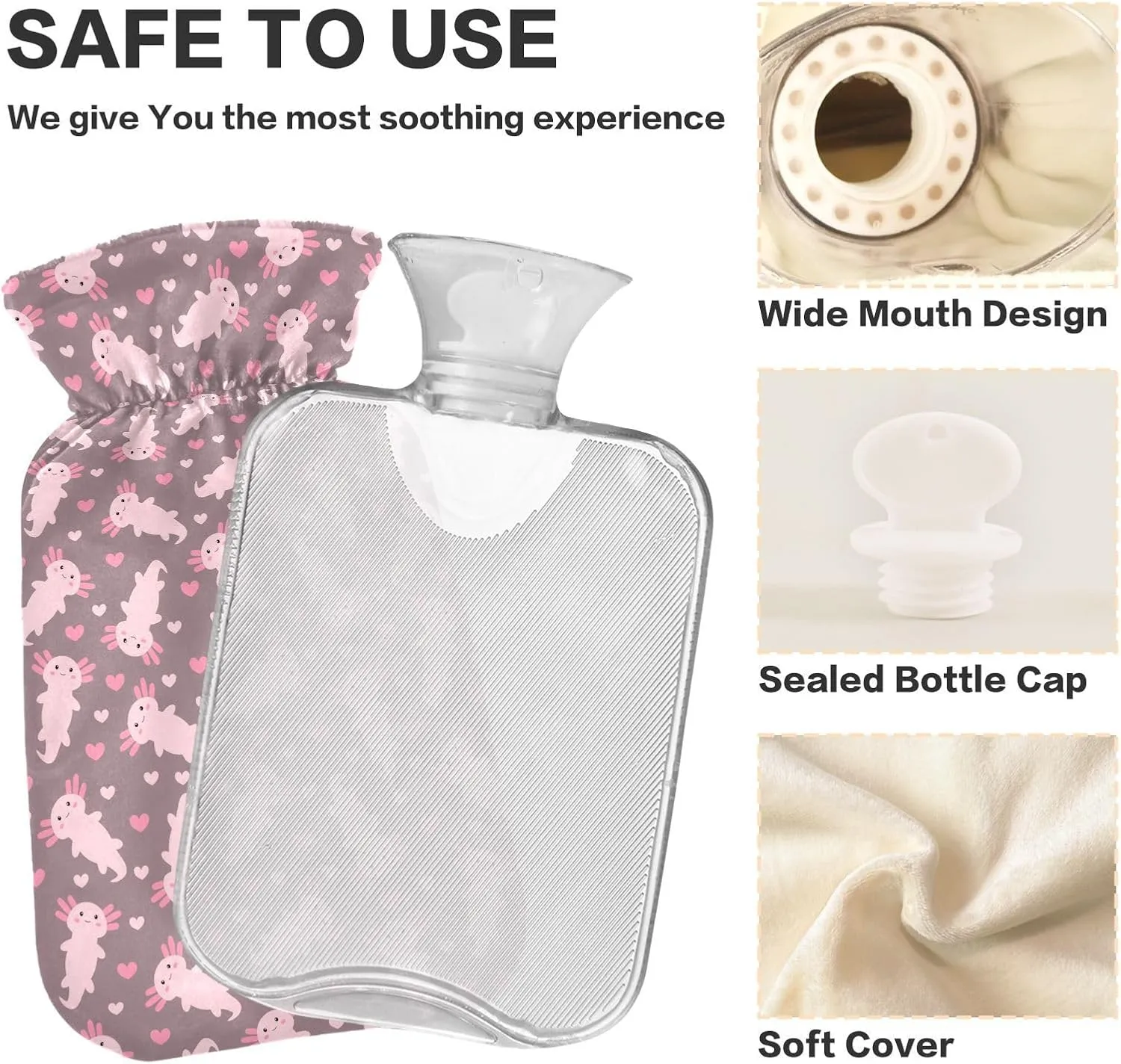 Cute Pink Axolotl Classic Hot Water Bottle with Cover 2L Hot Water Bag Hot Water Pouch for Menstrual Cramps, Neck and Shoulder Pain Relief