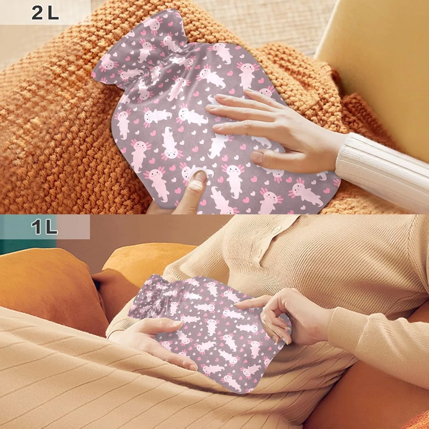 Cute Pink Axolotl Classic Hot Water Bottle with Cover 2L Hot Water Bag Hot Water Pouch for Menstrual Cramps, Neck and Shoulder Pain Relief