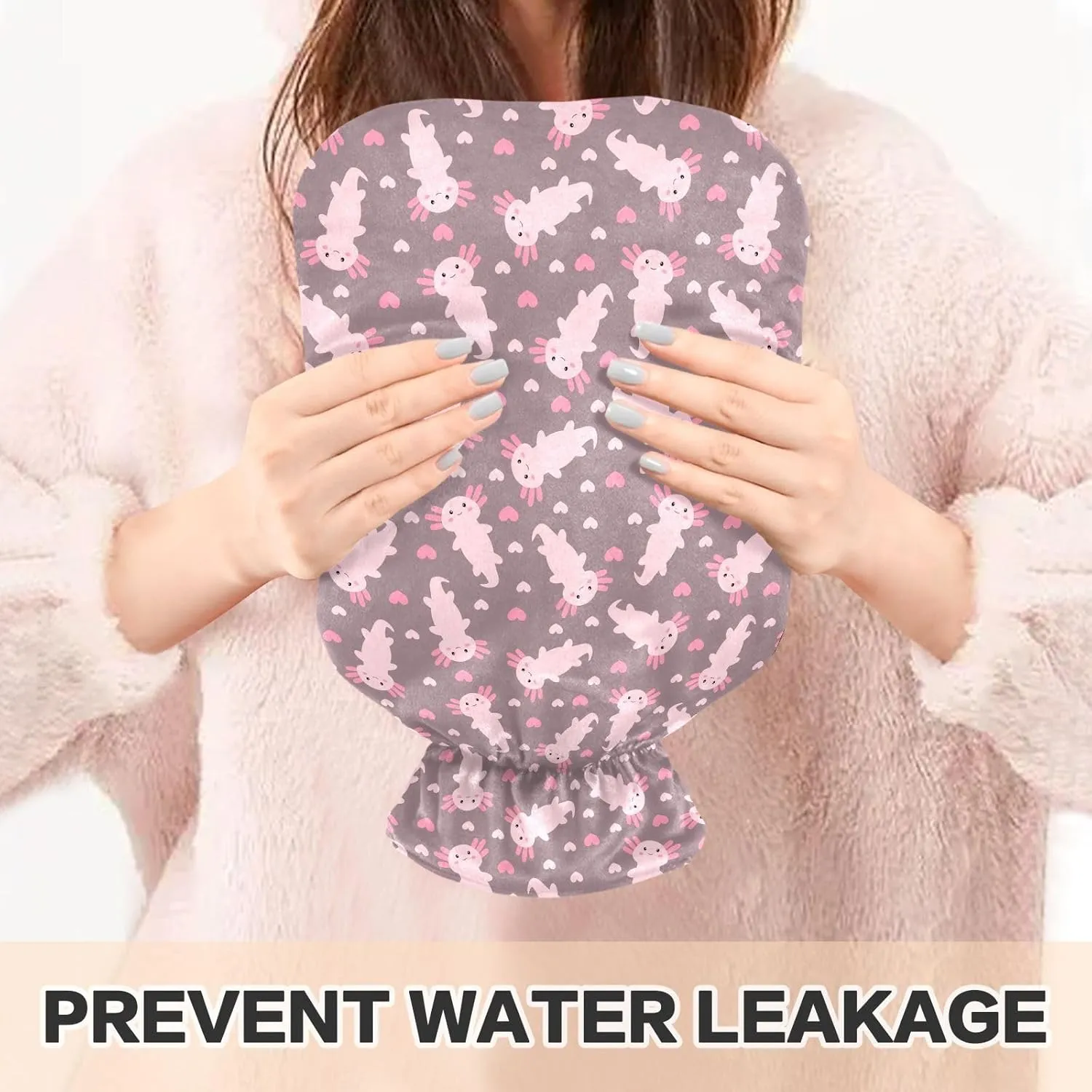 Cute Pink Axolotl Classic Hot Water Bottle with Cover 2L Hot Water Bag Hot Water Pouch for Menstrual Cramps, Neck and Shoulder Pain Relief