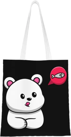 Cute Polar Bear Hungry Imaginary Fish Tote Bag for Women Canvas Tote Bags Reusable Shopping Bags Use For Shopping The Tote Bag,Grocery Bags,DIY Gift Bags