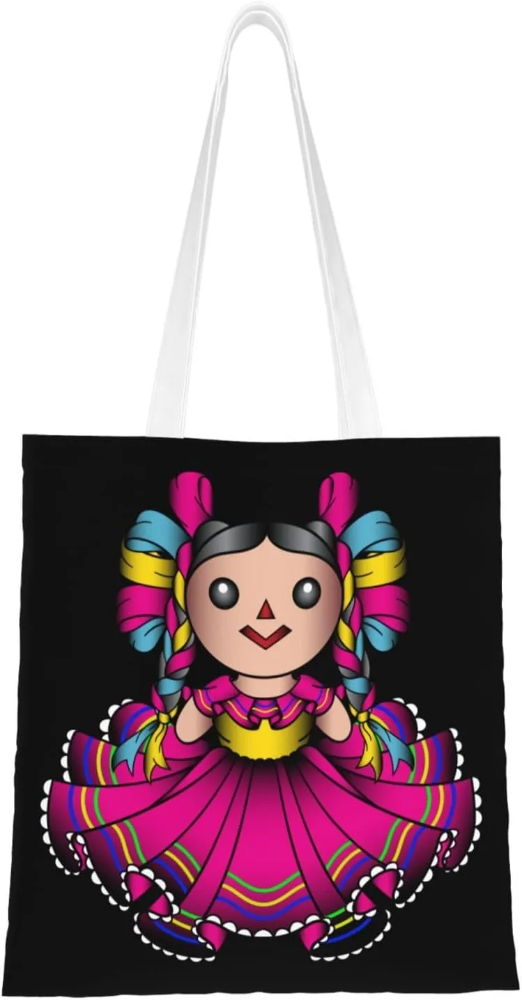 Cute Rag Doll Tote Bag for Women Canvas Shopping Bags Reusable Large Capacity Casual Shoulder Handbags Grocery Bags DIY Gift Bags