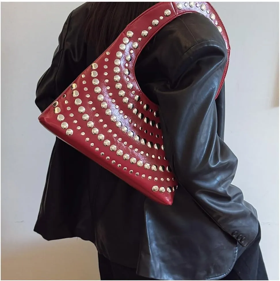 CUXVA Studded Purses Y2k Shoulder Bag 90s Punk Women Small Shouder Purse PU Leather Designer Handbags